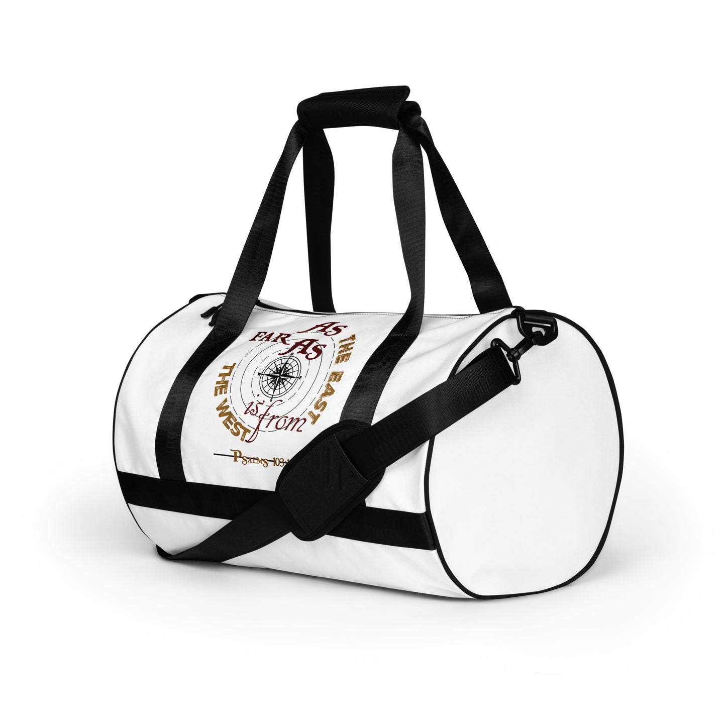 As Far As the East is From the West gym bag - Psalms 103:12 (KJV)