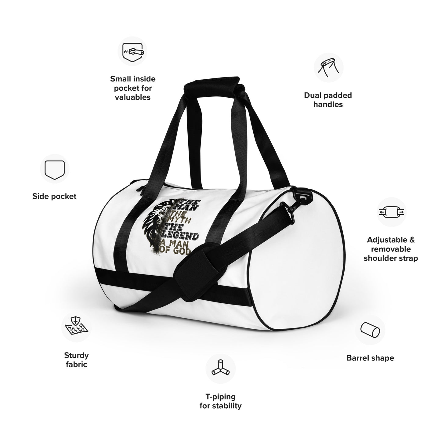 The Man, The Myth, The Legend, A Man of God gym bag