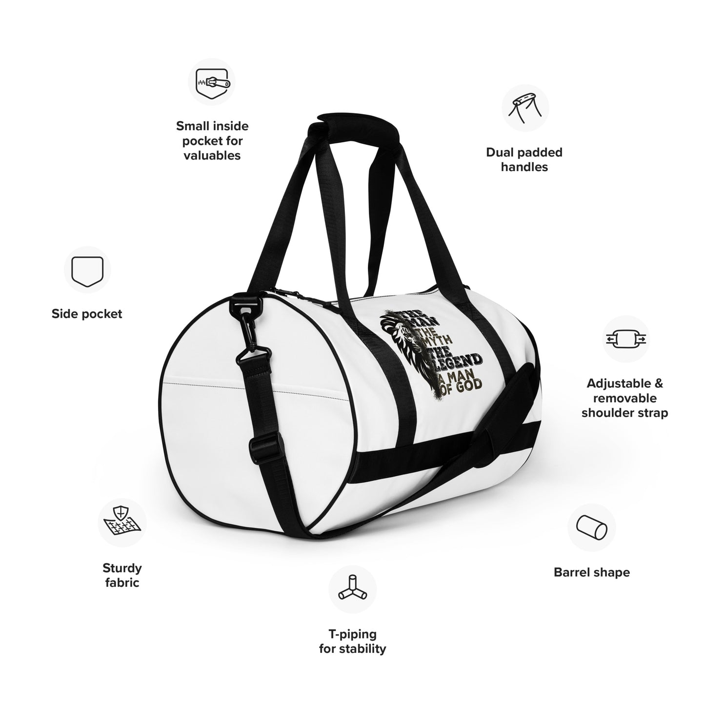The Man, The Myth, The Legend, A Man of God gym bag