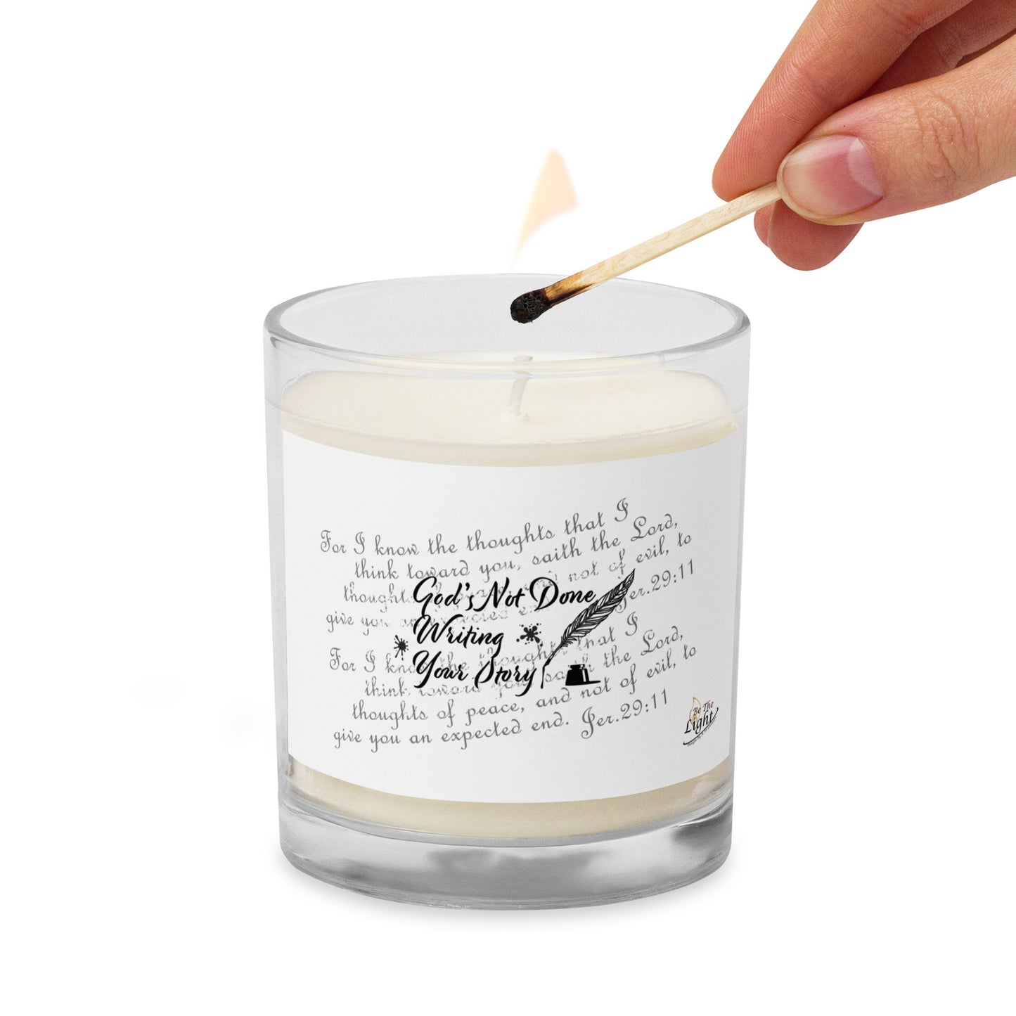 Glass jar soy wax candle - God's Not Done Writing Your Story - Jer 29:11 (KJV)