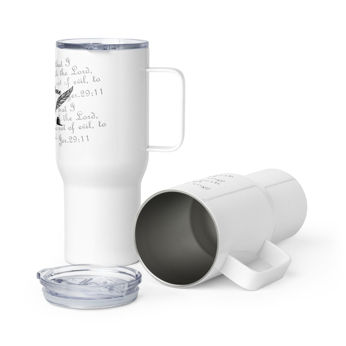 Travel mug with a handle - God's Not Done Writing Your Story - Jer 29:11 (KJV)