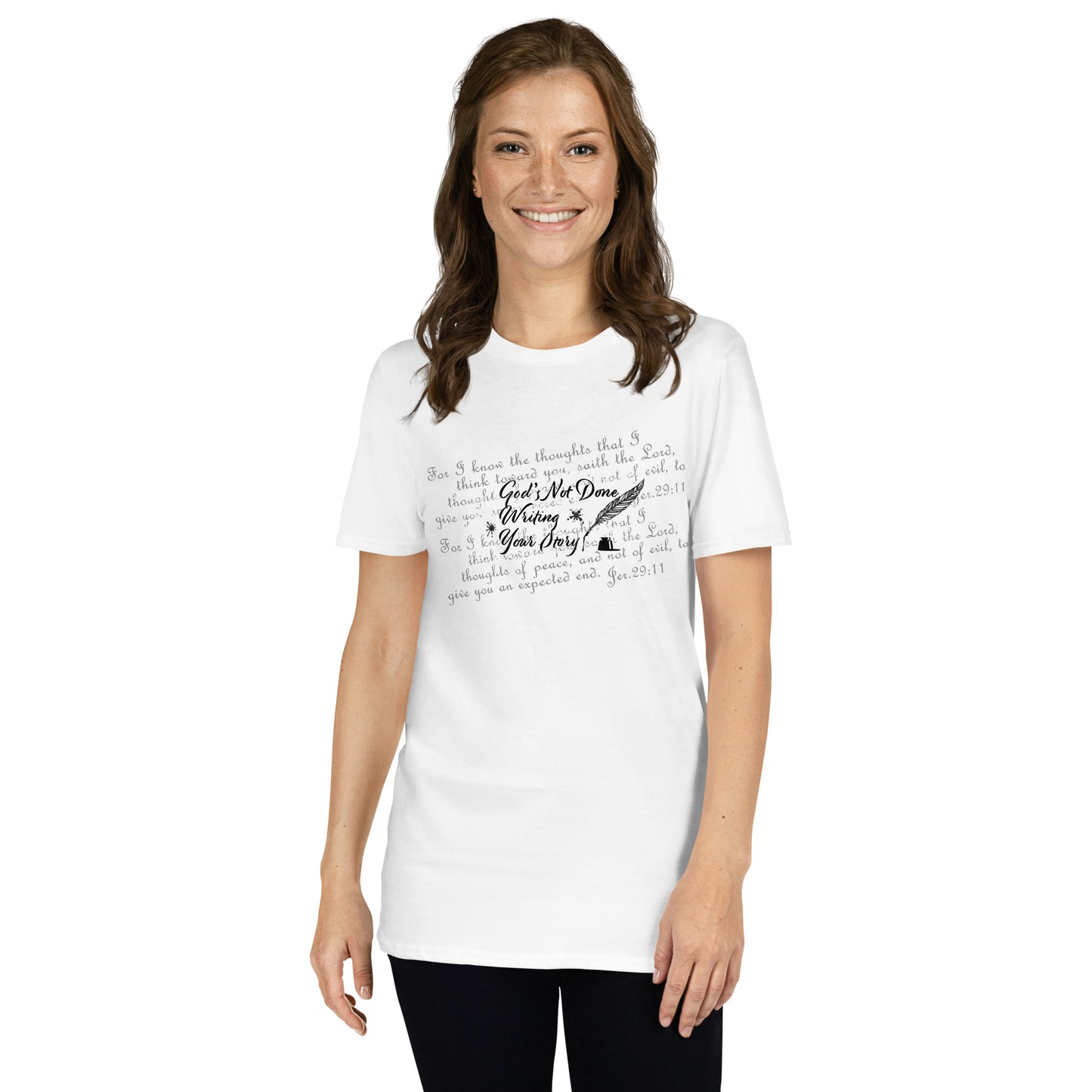 Short-Sleeve Ladies T-Shirt - God's Not Done Writing Your Story - Jer 29:11 (KJV)