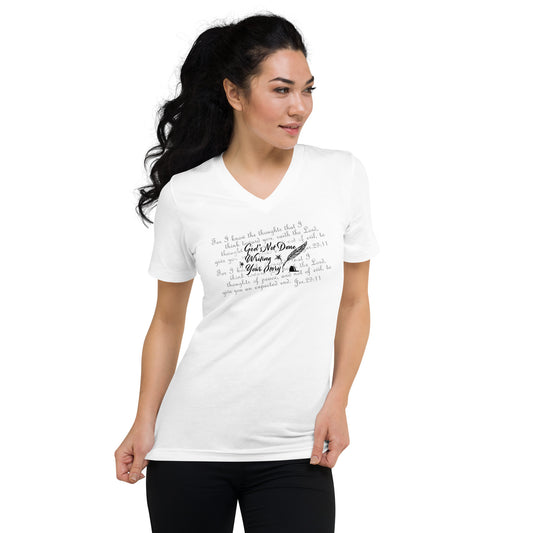 Ladies Short Sleeve V-Neck T-Shirt - "God's Not Done Writing Your Story" Jer 29:11 (KJV)