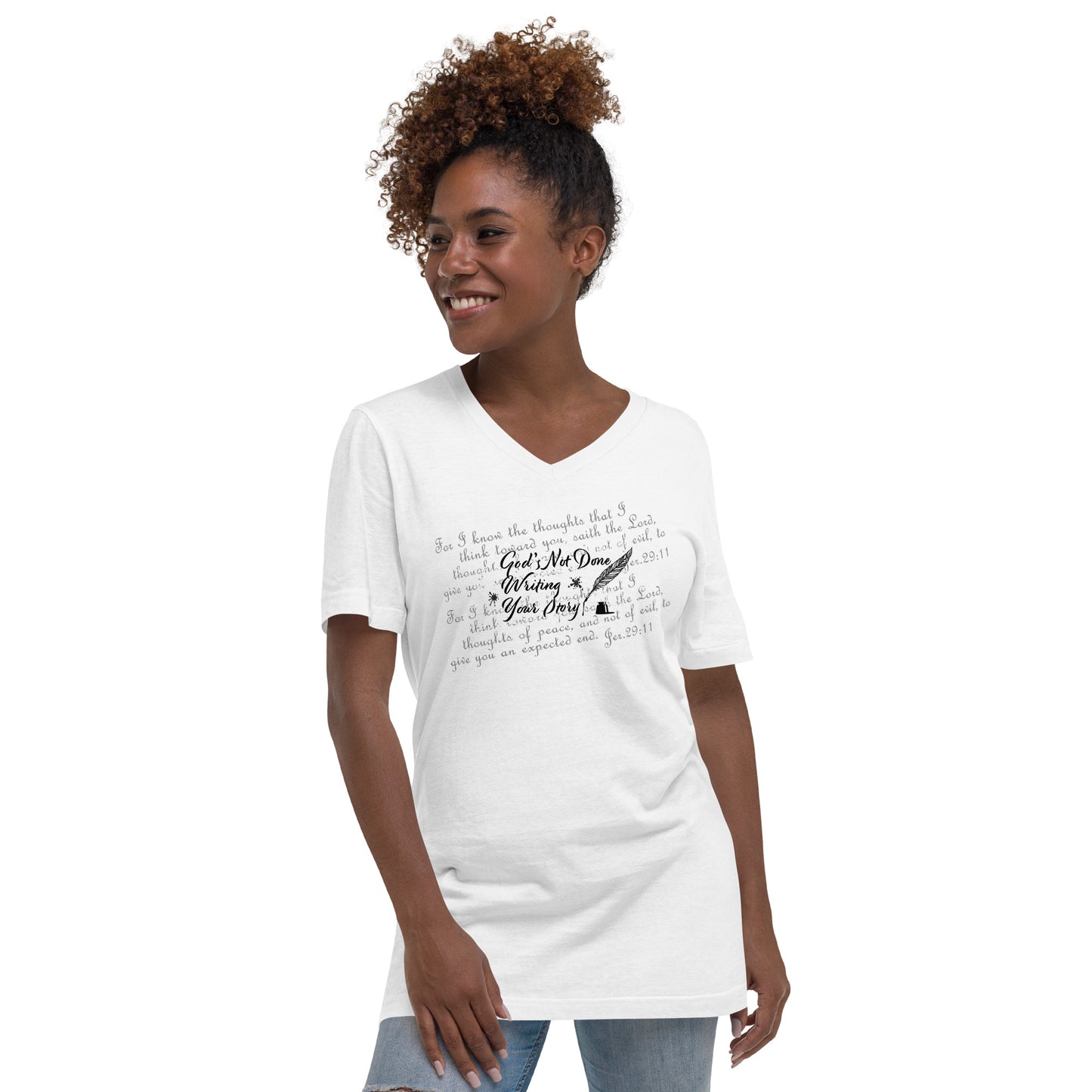 Ladies Short Sleeve V-Neck T-Shirt - "God's Not Done Writing Your Story" Jer 29:11 (KJV)