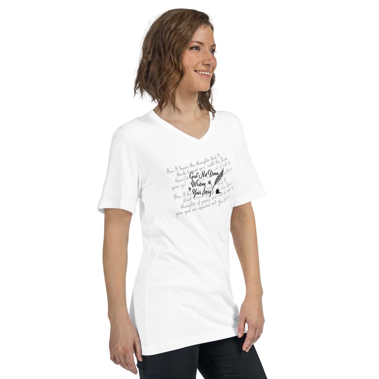 Ladies Short Sleeve V-Neck T-Shirt - "God's Not Done Writing Your Story" Jer 29:11 (KJV)