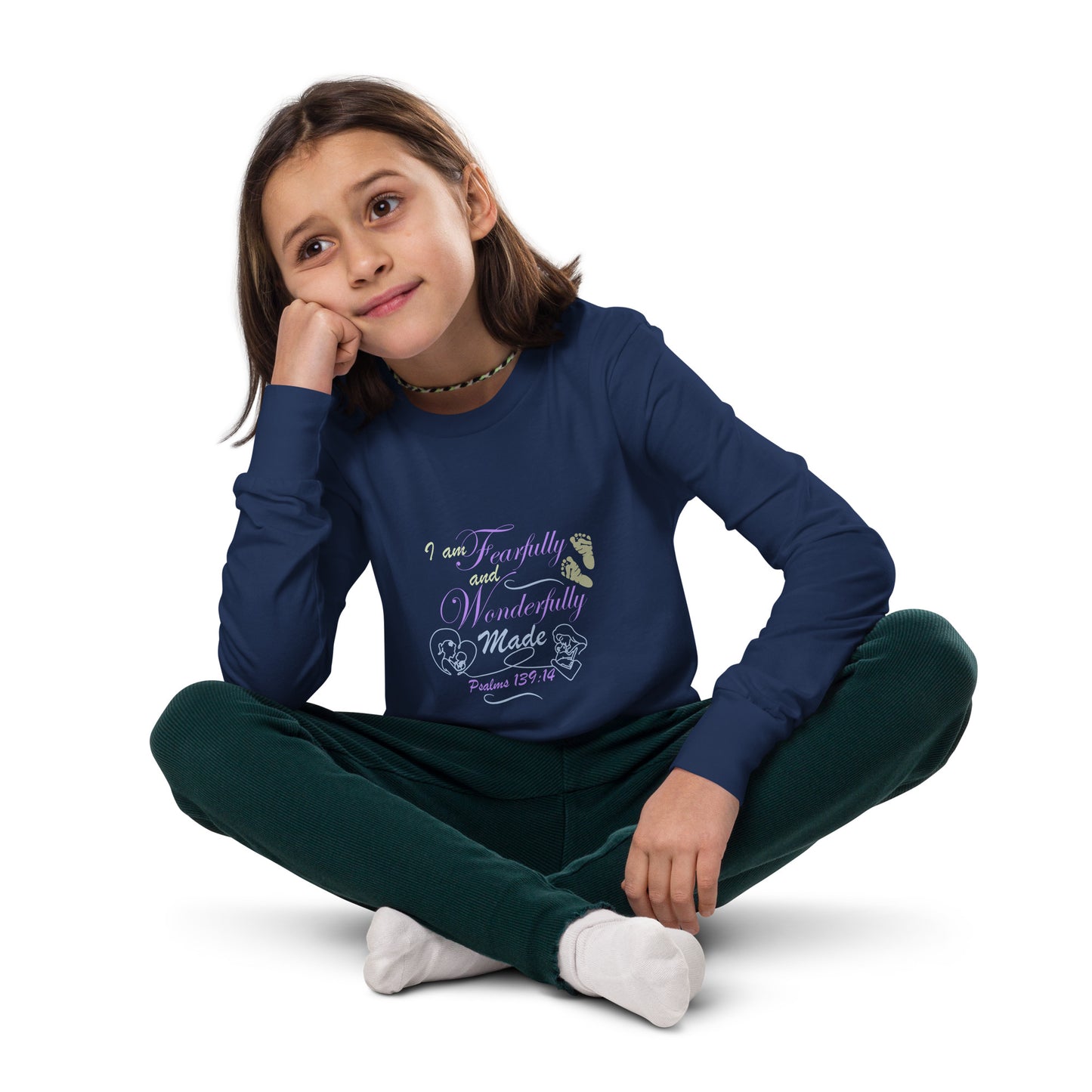 Girls - Youth long sleeve tee - Psalms 139:14, Fearfully and Wonderfully Made (KJV)